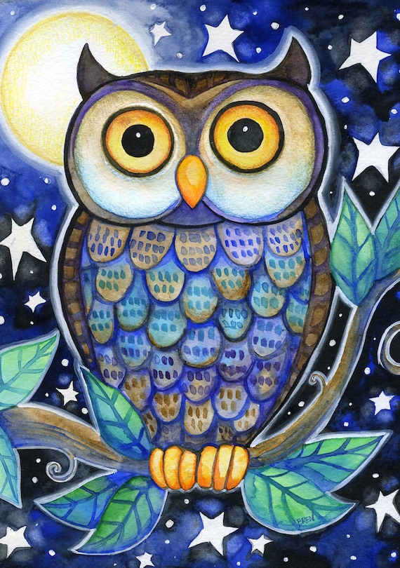 Night Owl 5x7 Whimsical Owl Moon Stars Print