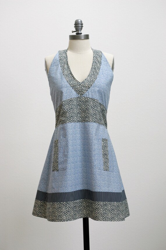 Kitchen Apron in Light Blue Accented by Deep Blue & Grey