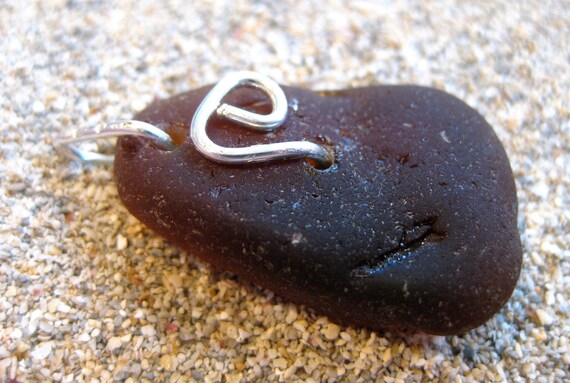 Hawaiian Brown Beach Glass With Silver Filled Wire Pendant