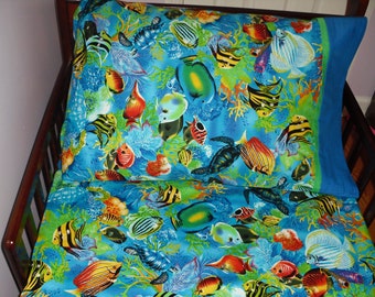 baby bedding fish sea life ocean blue fitted sheet with standard pillowcase