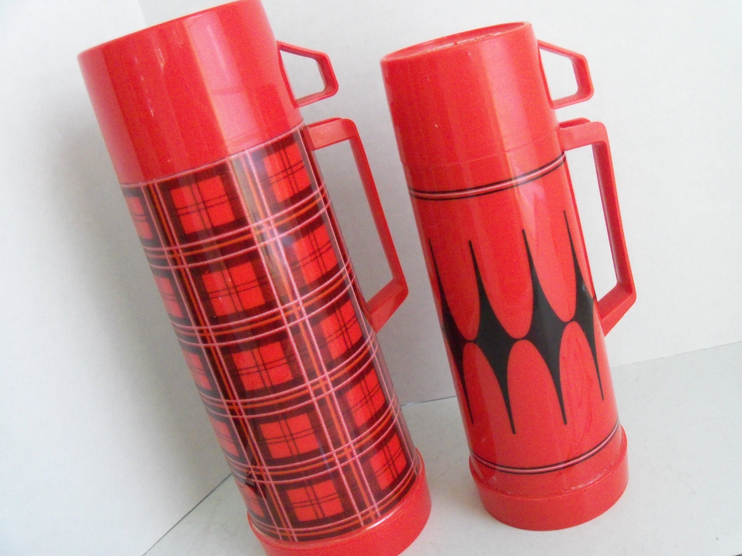 Vintage Aladdin Thermos Bottles Red Plaid Black Diamond Glass