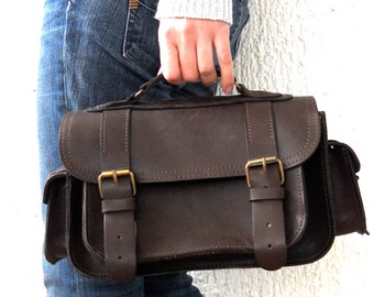 Medium size leather camera bag / Women/Men dark brown leather bag / Photo case / Shoulder bag