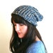 Knitted Slouchy Hat, Blue and Soft Gold Autumn Winter Cap Beanie Tam