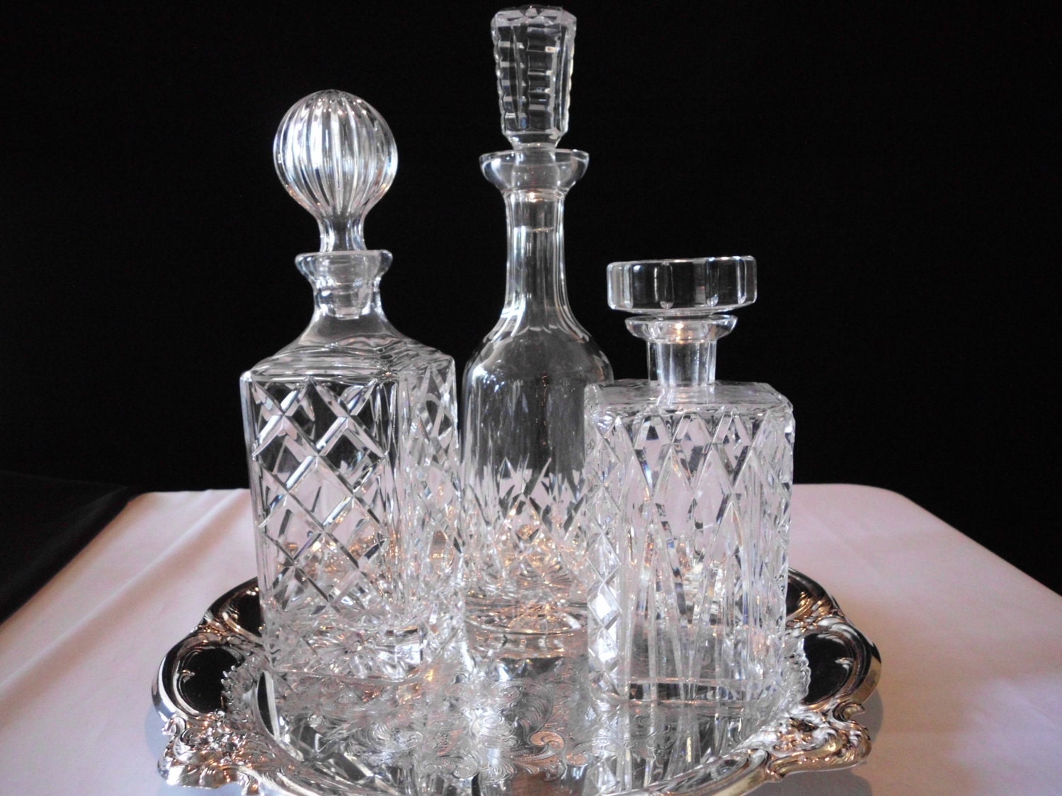 3 CRYSTAL DECANTERS and Silver Plate Tray