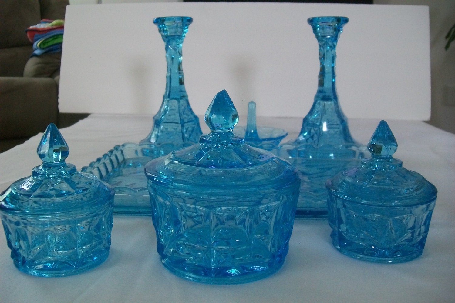 Vintage Antique Blue Glass Vanity Set With Registration