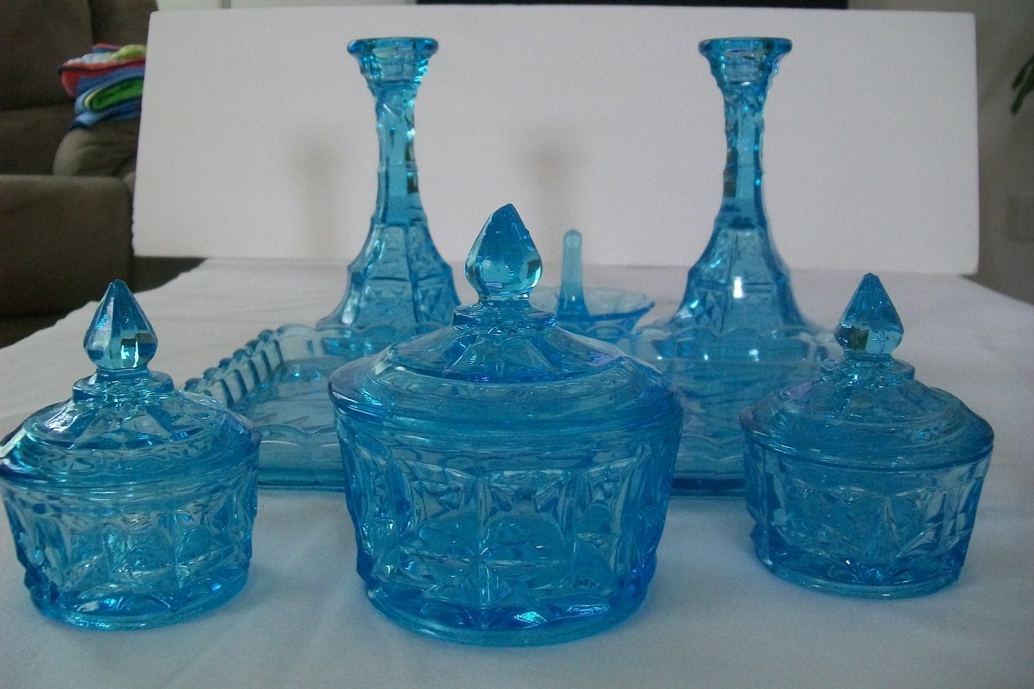 Vintage / Antique Blue Glass Vanity Set With Registration