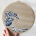 Embroidery Hoop Art Modern Japanese Wave Wall Art Upcycled Fabric One of a Kind