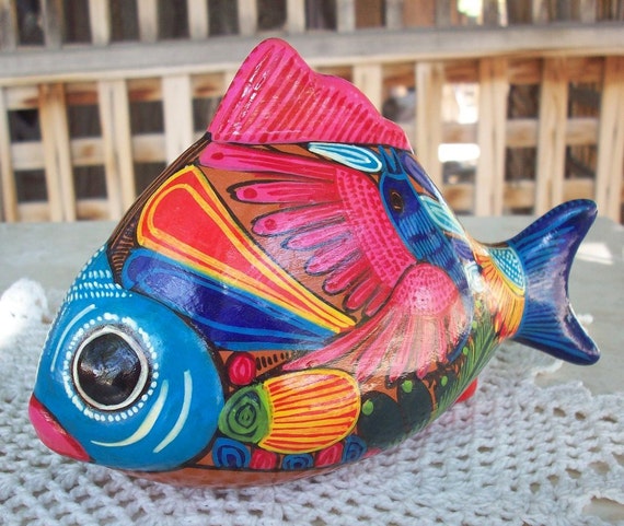 Vintage Medium Handpainted Terra Cotta Fish Bright Bold