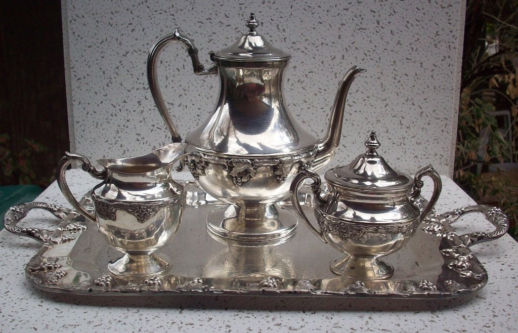 Vintage Silver on Copper Tea Set with Tray by Lehman Brothers