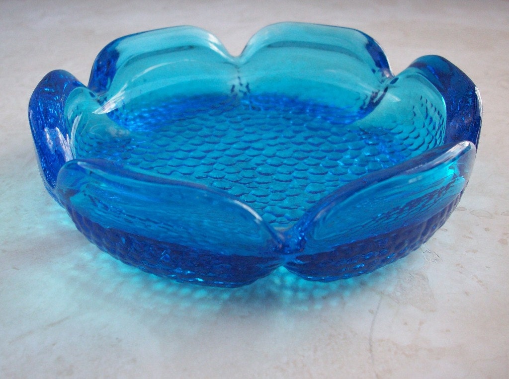 Vintage Blue Art Glass Ashtray or Trinket Dish in Electric