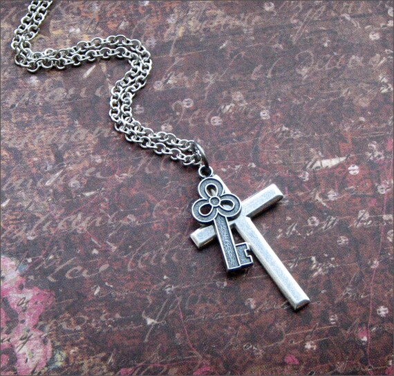 Cross Key Necklace Silver Faith Religious Statement Jewelry