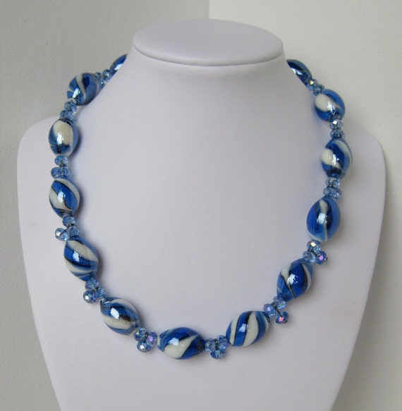 Sapphire Blue and White Striped Swirl Bead Princess Length