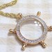 Vintage Nautical Goldtone Rhinestone Ship Wheel Magnifying Pendant Necklace TREASURY ITEM