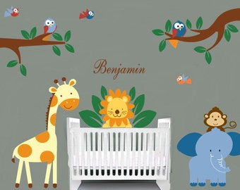 Jungle decal set - tree and branch set decals - giraffe, elephant, lion, birds, monkeys, vinyl wall decal, name decal, nursery wall decals