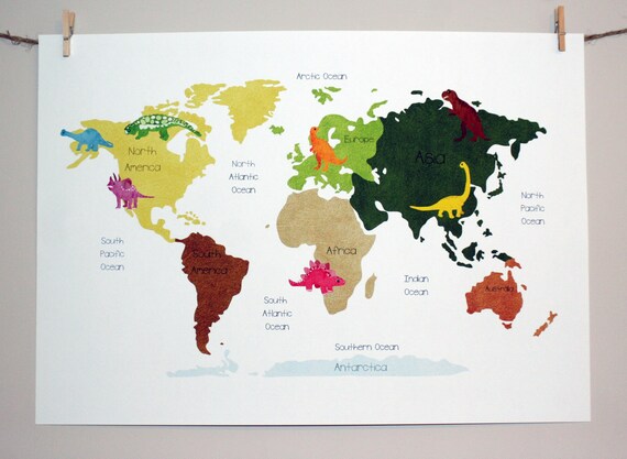 Items similar to World Map: Map of the World Dinosaurs Poster Print on Etsy