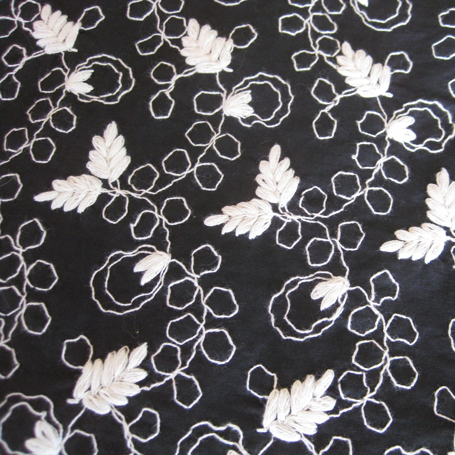 Vintage 50s Fabric Black & White Embroidered Fancy Cotton