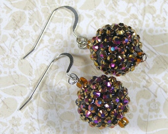 Pave' Crystal Ball Sterling Earrings Bronze Copper Gold