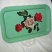 Vintage metal tin serving tray green with roses TREASURY ITEM