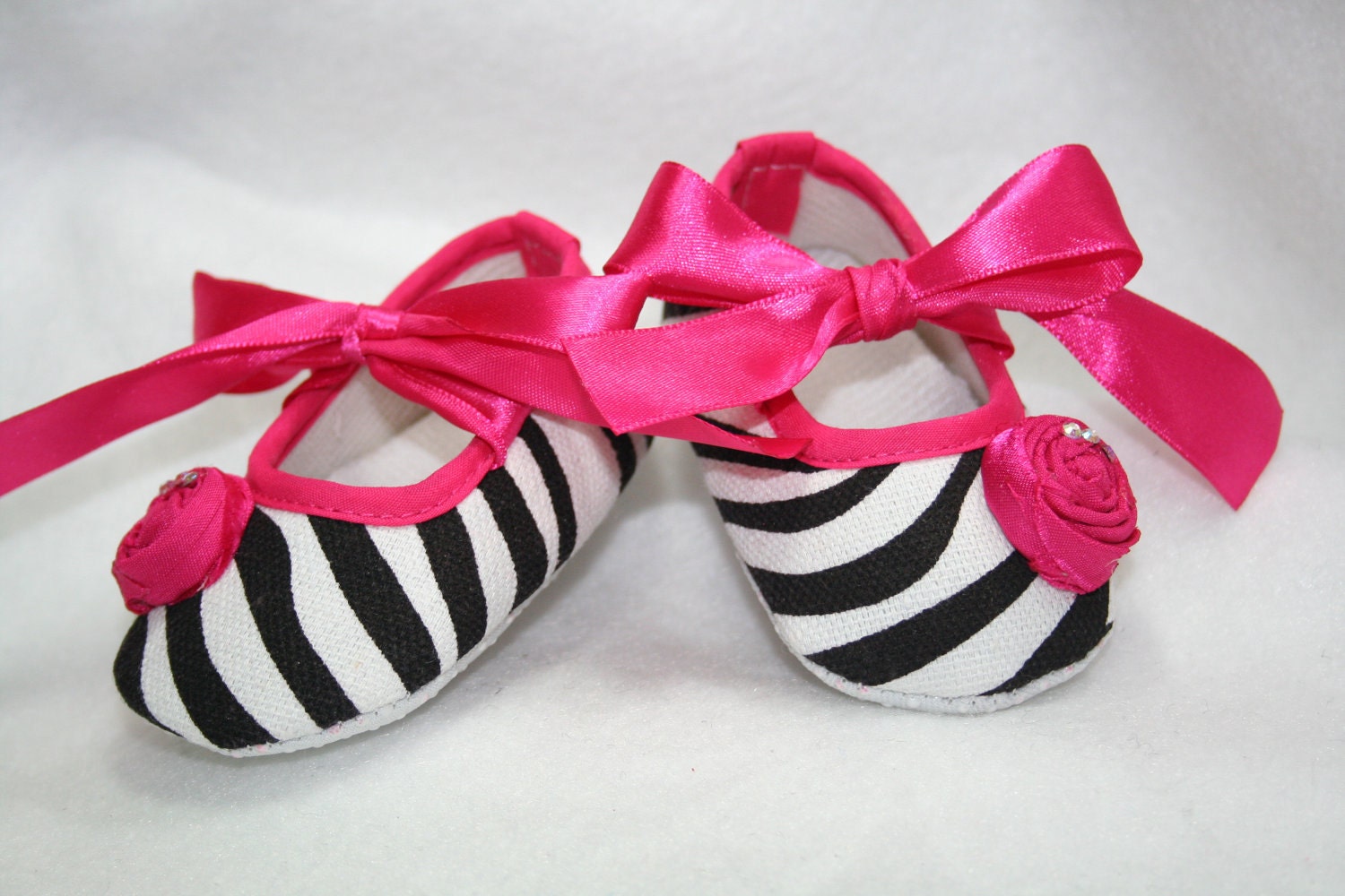 Hot Pink Zebra Print Baby Shoes With Satin RosetteToes