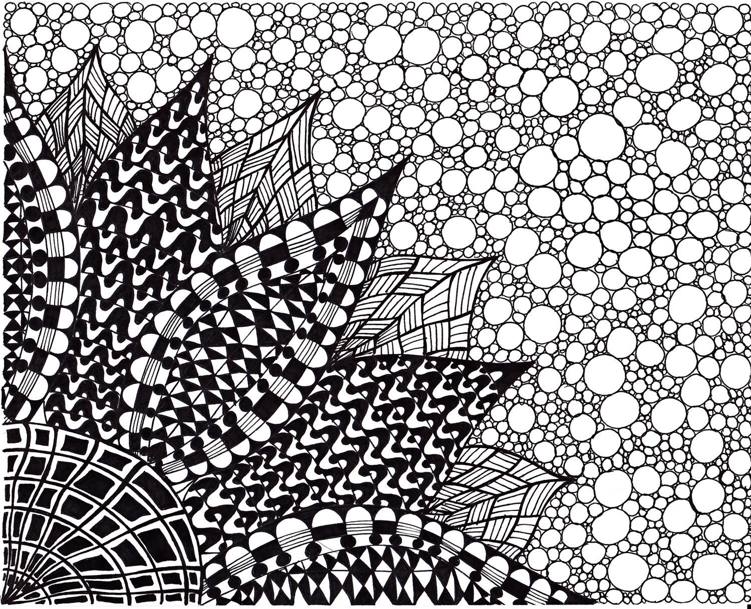 Abstract Ink Drawing Zentangle Inspired Art Flower Black and