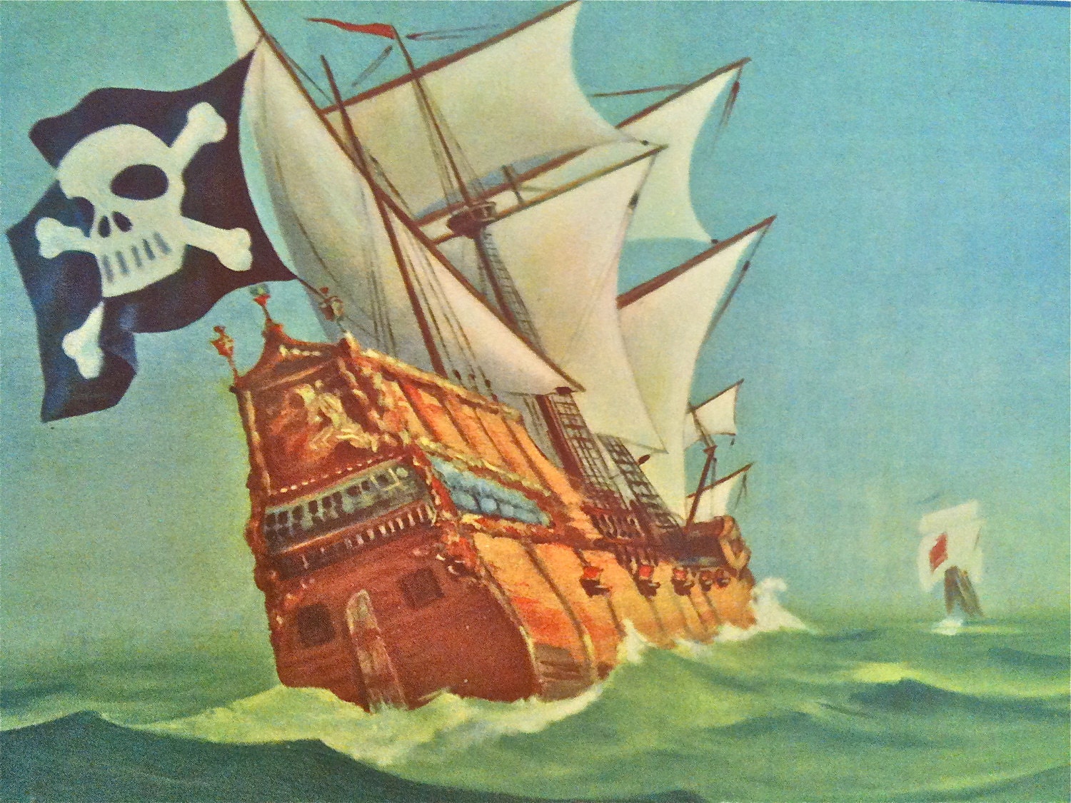 Vintage 2 Sided Illustration Pirate Ship/Santa Maria From 1930