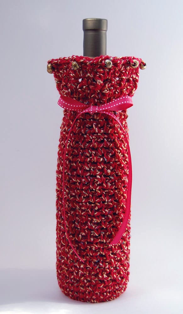 Wine Bottle Cover Gift Bag Crochet Dark Red Burgundy
