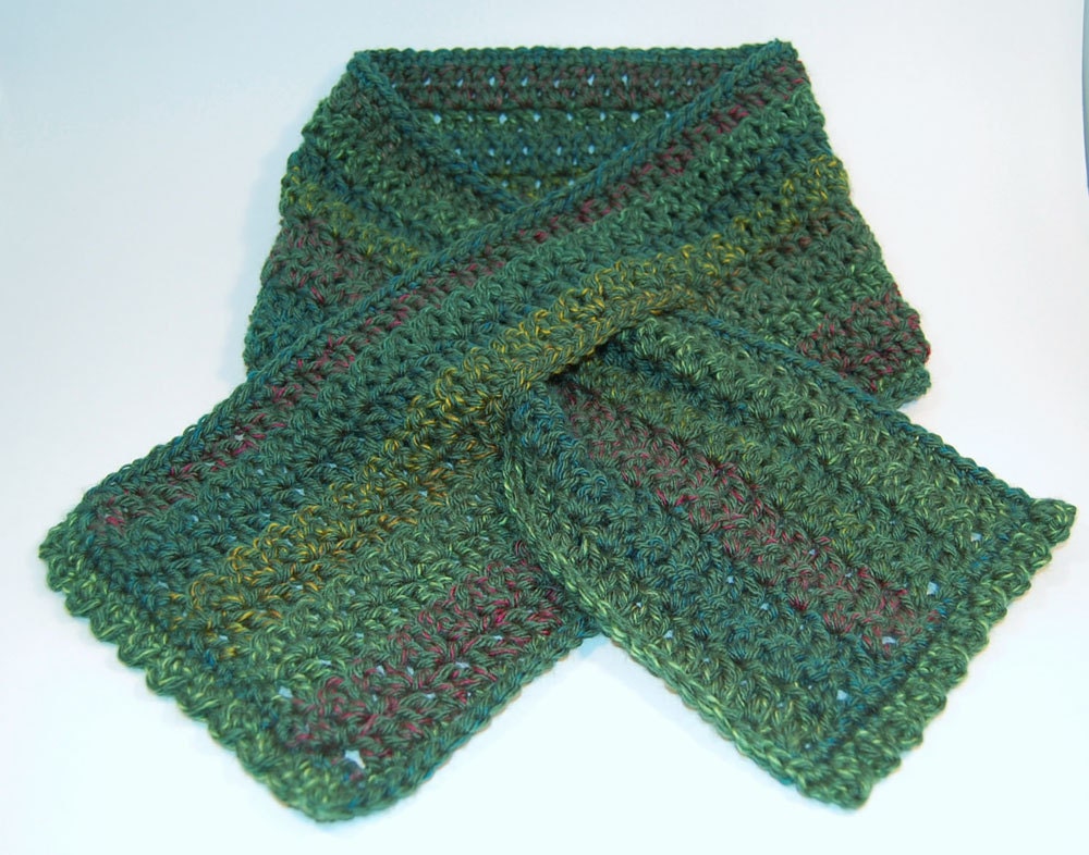 Yarn Strand Crochet scarf green keyhole scarflette soft dark moss