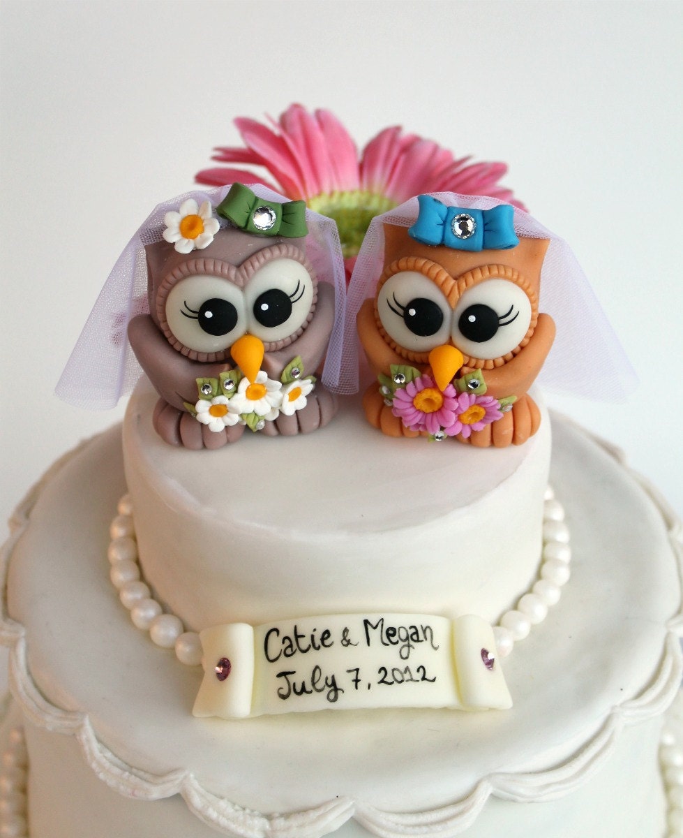 Custom Same Sex Owl Wedding Cake Topper Two Cute Brides Mrs