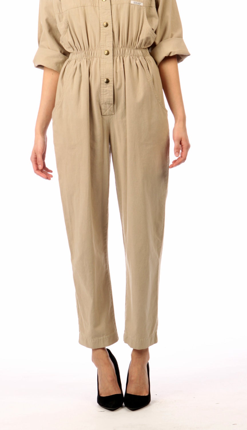 khaki jumpsuit romper // vintage 80s // cotton // cropped