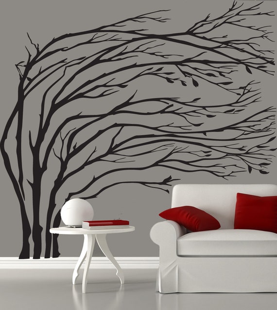 Modern black blowing tree wall decal silhouette by couturedecals