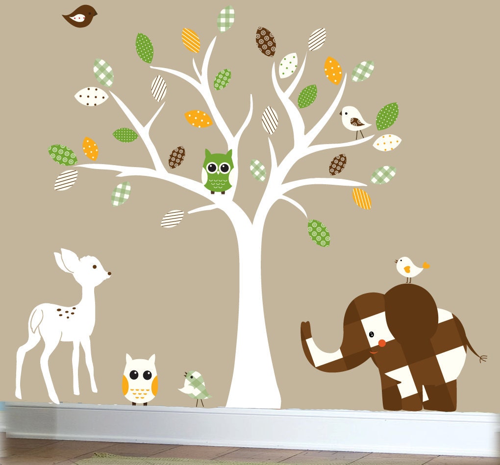 Jungle wall decal nursery white tree wall decal Brown