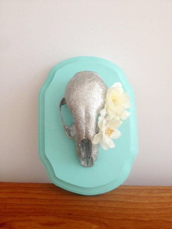 Items similar to Glitter skull with teal wall mount. 3D art, skull with