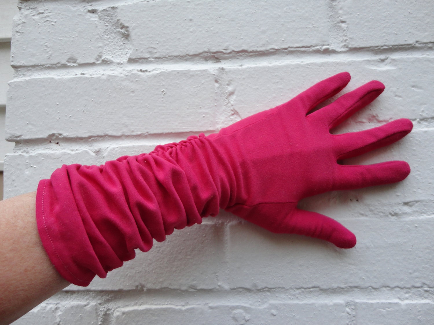 Hot pink gloves with ruched sleeves by landofaahs on Etsy