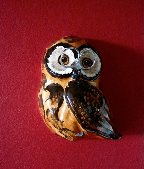 Vintage Ceramic Owl 70s String and Scissors Holder Wall