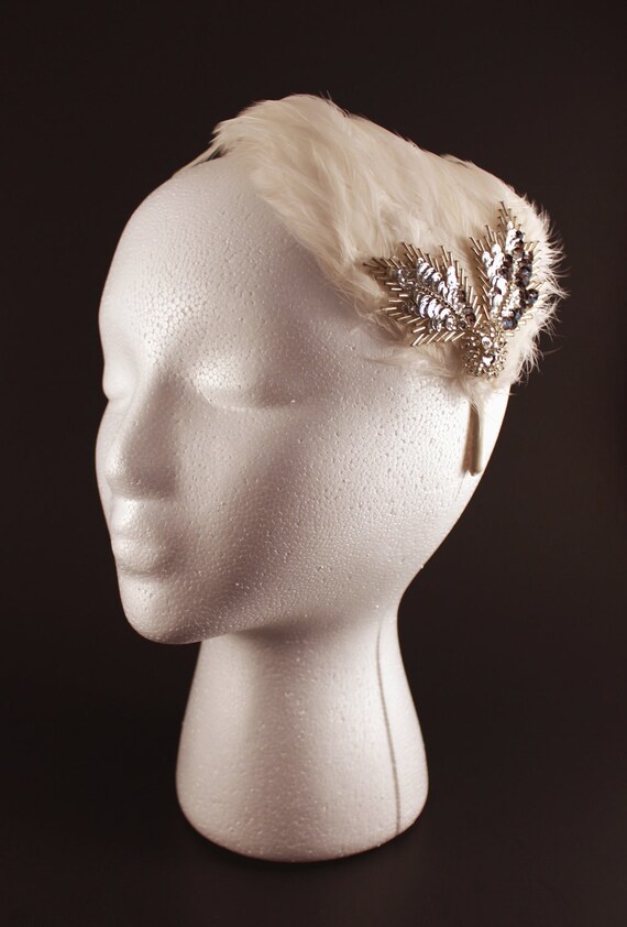 Ivory Feather Pad Fascinator Headband with Silver by BelledeBenoir