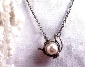 Teapot Necklace - Teapot Pendant - Pearl Necklace - White Satin Pearl - Custom Chain Length - Christmas Gift