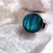 Shimmer Blue Green Glass Ring - Changes Color - Thick Silver Band Adjustable