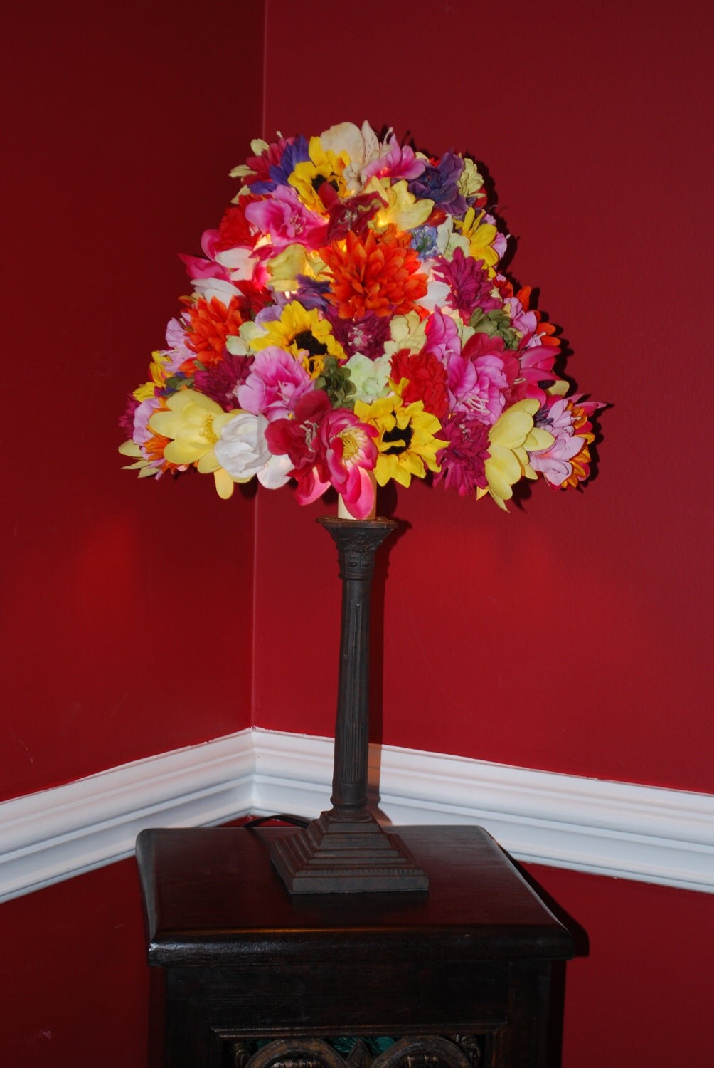 Multicolored Silk Flower Lamp Shade and Base by LitforaQueen