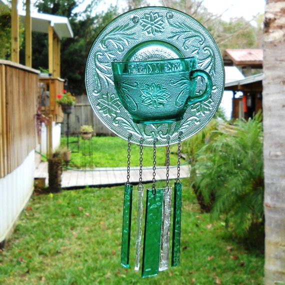 Sandwich Glass Wind Chime Vintage Tea Cup And Saucer Sandwich Glass Wind Chime Vintage Tea Cup And Saucer Suncatcher Spruce Tiara Home Interiors