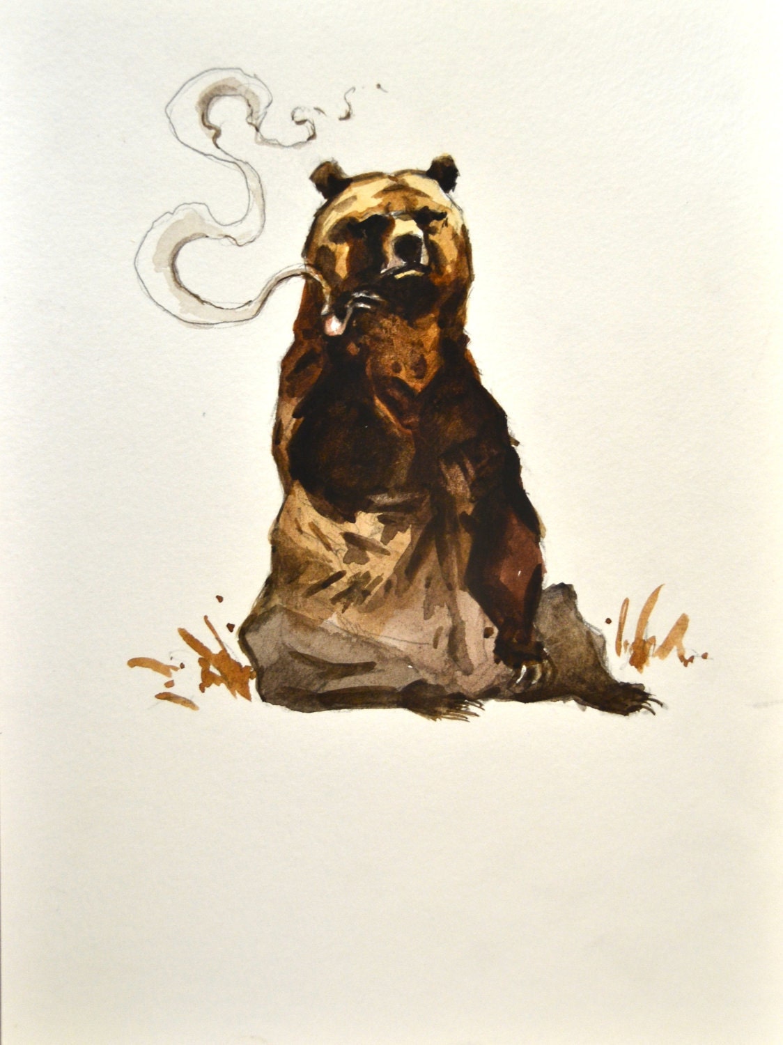 tattoo bear wolf panda 7x9 Smoking Original Watercolor Bear Painting