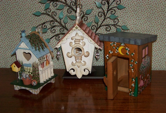 3 Beautifully Decorated Wood Bird House Birdhouses Hand