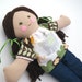 Cloth Rag Doll, Brown Hair Green Eyes Animal Print Shirt Blue Jeans Medium Dark Skin