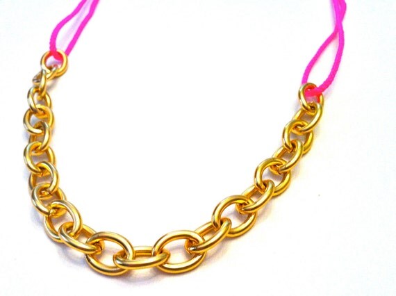 Neon Pink Rope and Gold Chain Necklace by spikethepunch on Etsy