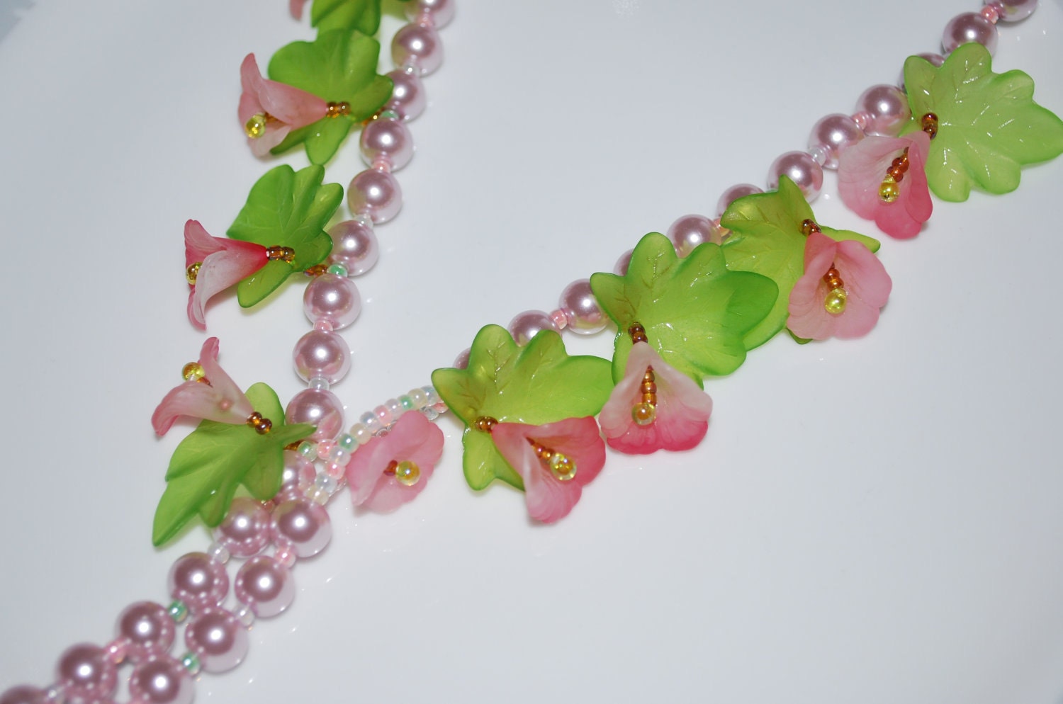 Lucite Flower Necklace On Glass Pearl 25 By Myascreations On Etsy