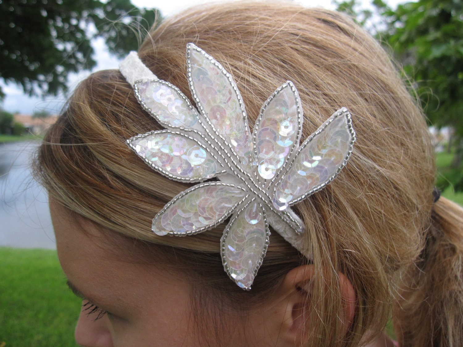 Ivory Sequin Leaves Applique Headband with Ivory Lace Trim