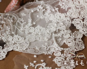 Cotton Lace Trim, Embroidery Floral Lace Trim, Retro Bridal Lace Trim , Bridal Veil