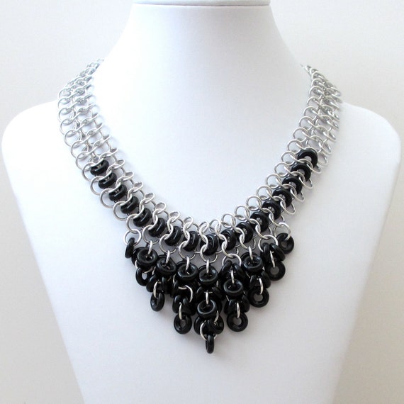 Items similar to Black chainmail necklace with glass rings on Etsy