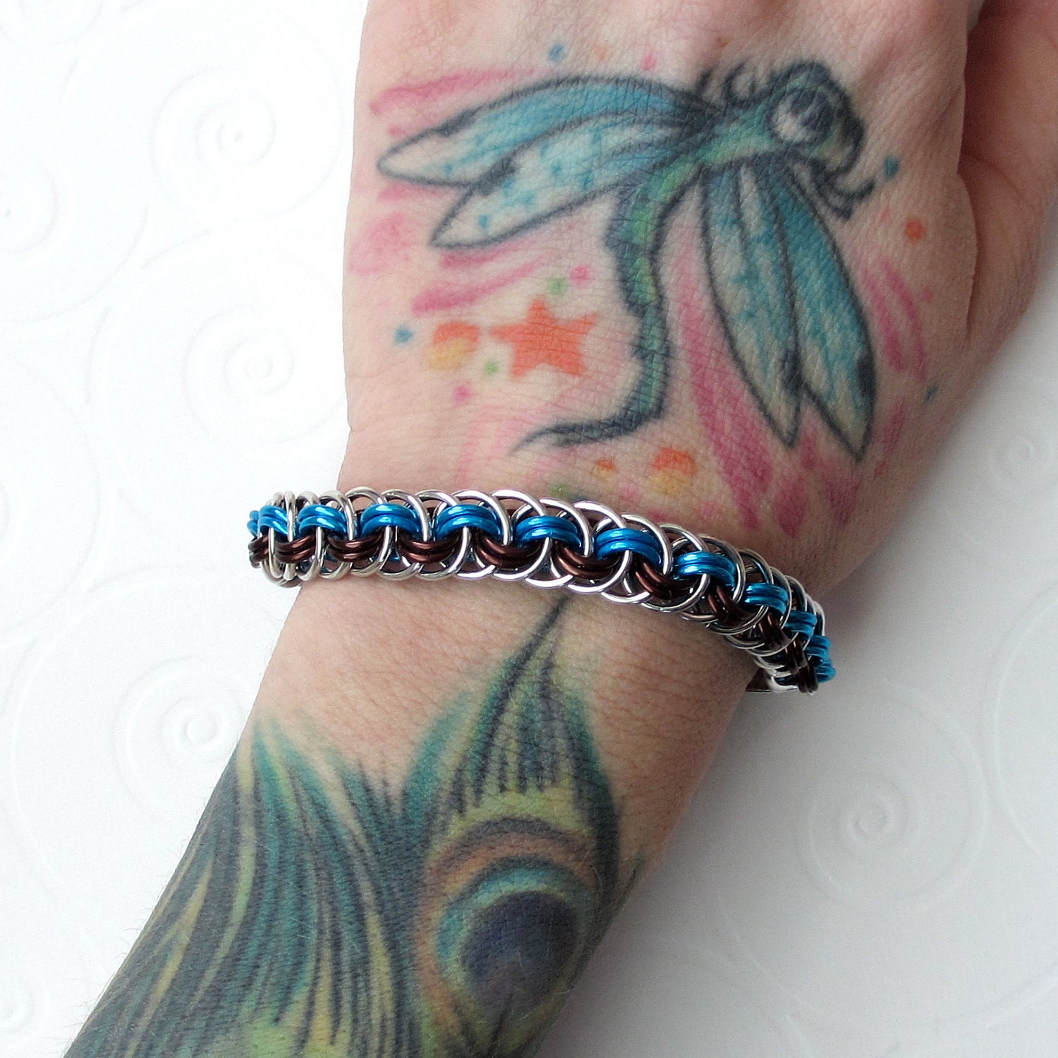 Chain mail Viper Basket bracelet in brown and turquoise