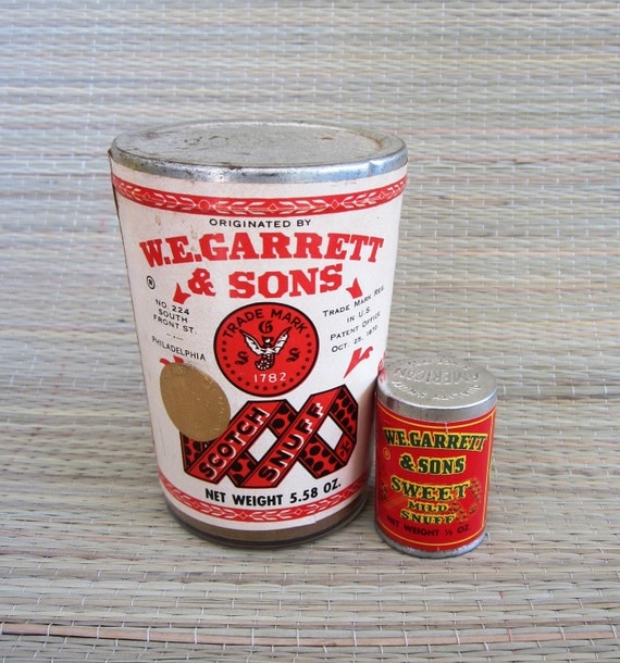 2 W.E. Garrett and Sons Vintage Snuff Tin Canister Lot