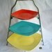 Midcentury colorful tiered serving plates on rack - yellow, turquoise and orange